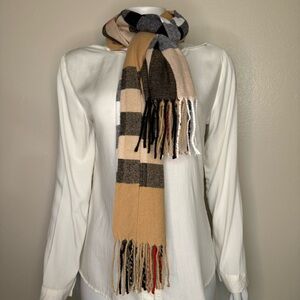 Brown black plaid pattern multi purpose virgin wool scarf